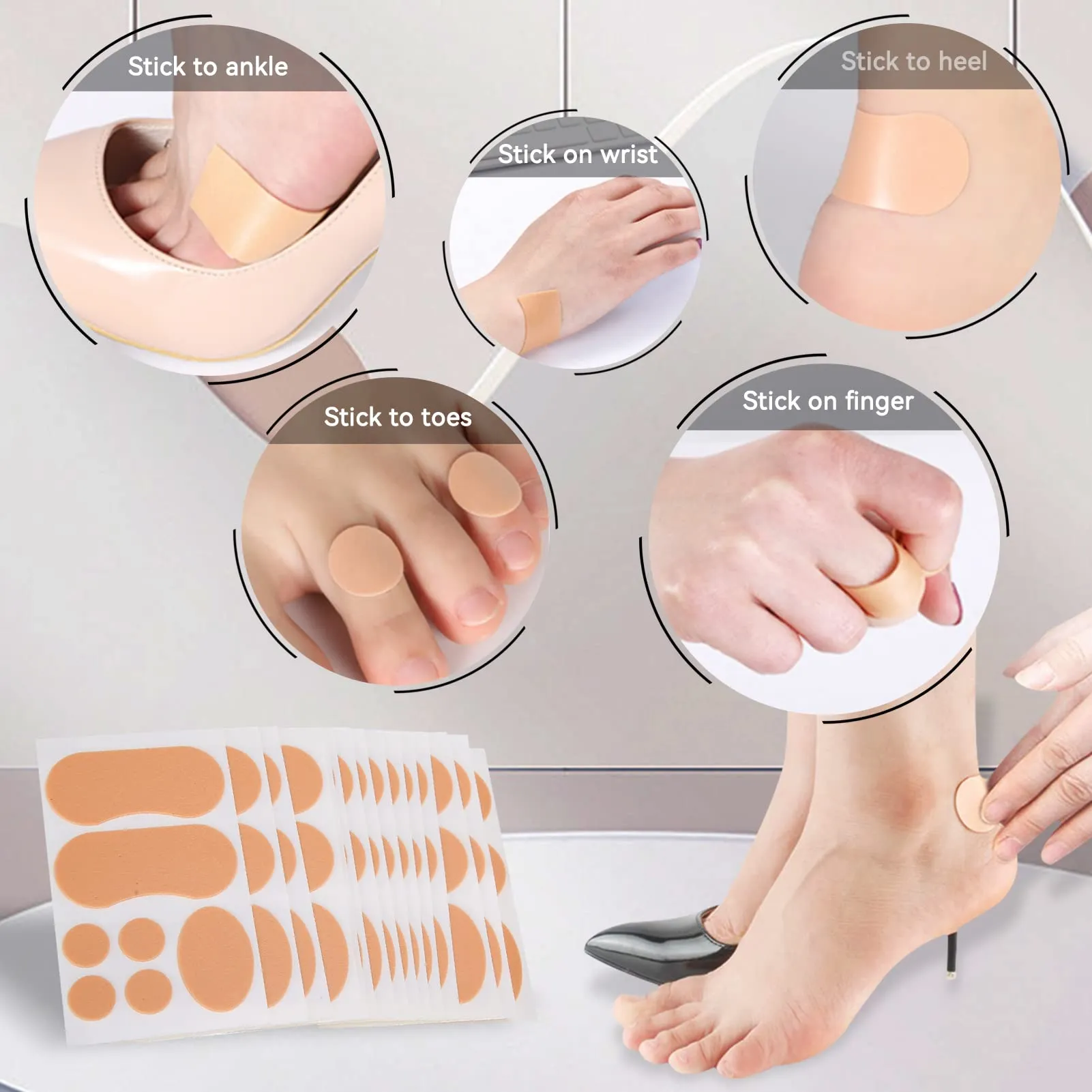 15 Sheets Moleskin for Feet, Waterproof Adhesive Foam Foot Care Tape High-Heeled Sticker for Chafing Blister Prevention