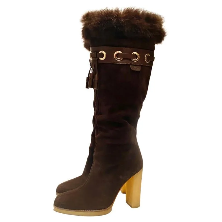 2000s Gucci Brown Suede Knee-Length Heeled Boots