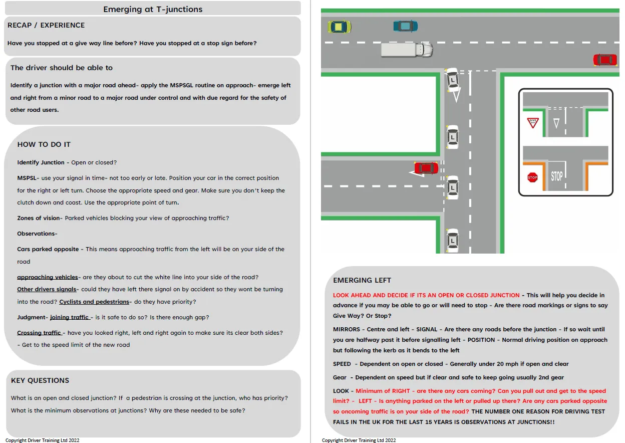 ADI Part 3 Turning Emerging, junctions Driving instructor lesson Plans