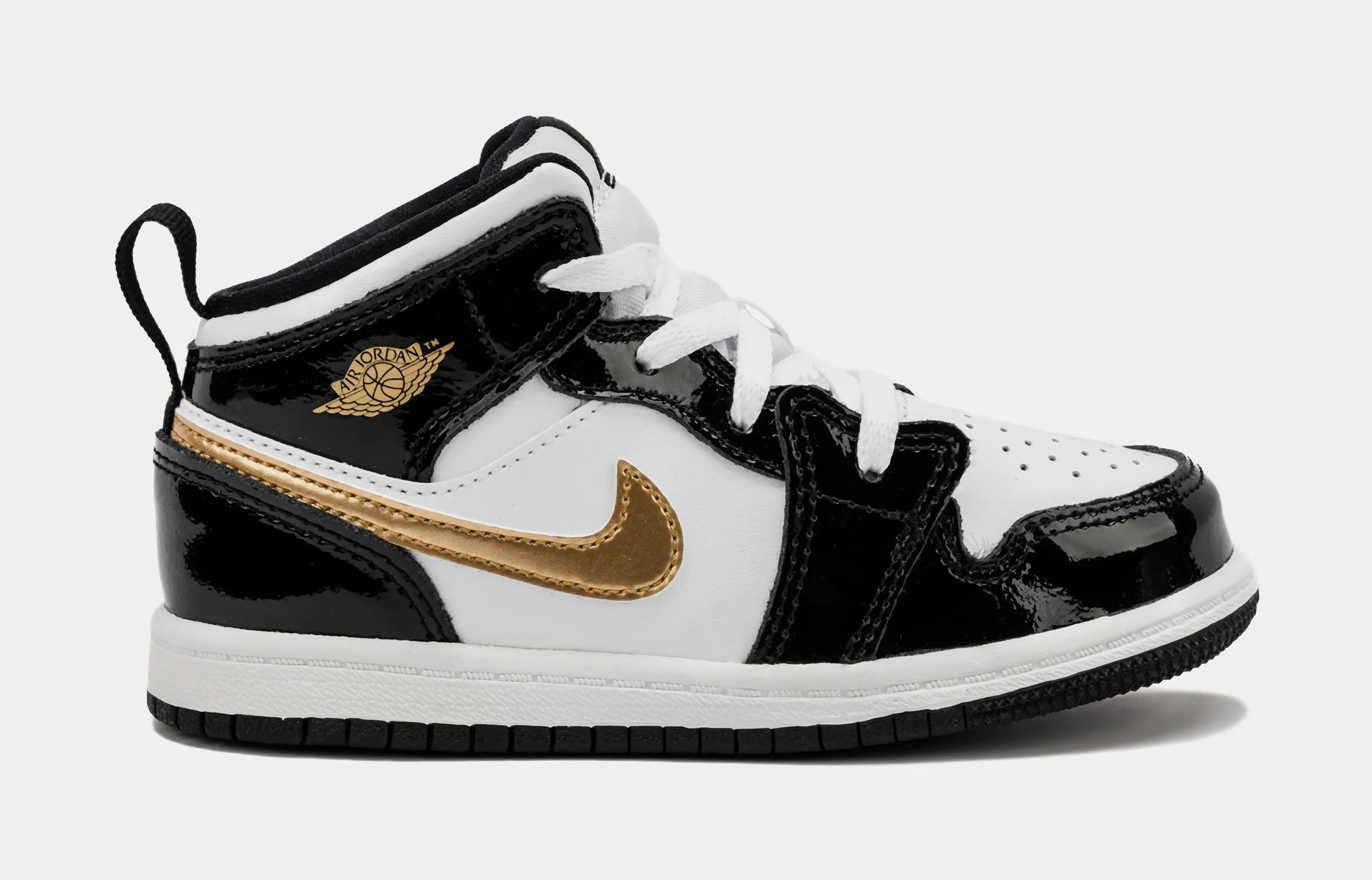 Air Jordan 1 Retro Mid SE Patent Black Gold Infant Toddler Lifestyle Shoes (Black/Gold)