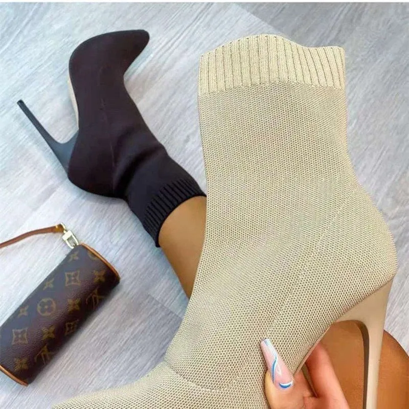 Amozae  2022 New Style Women's Boots Knitted Fabric High-heeled Spring and Autumn Socks Boots Fashionable Large Size Slip Boots