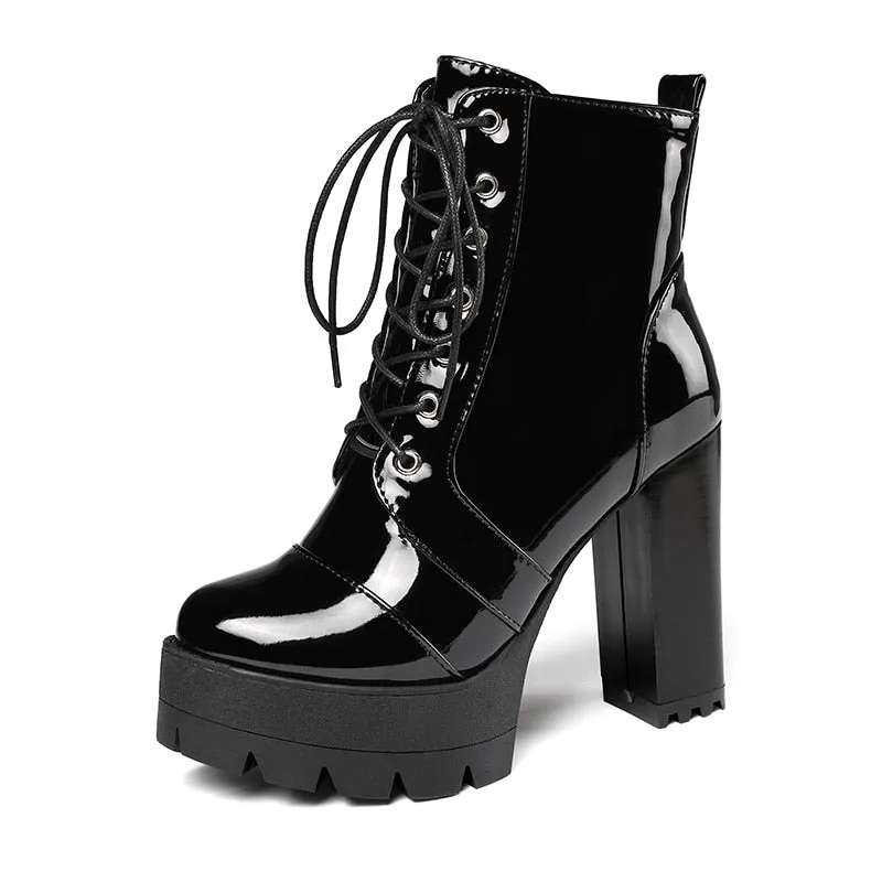 Amozae-  2024 Thick High Heeled Female Patent Leather Ankle Boots Round Toe Lace-Up Zipper Women Short Boots Gothic Women Shoes