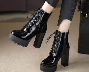 Amozae-  2024 Thick High Heeled Female Patent Leather Ankle Boots Round Toe Lace-Up Zipper Women Short Boots Gothic Women Shoes