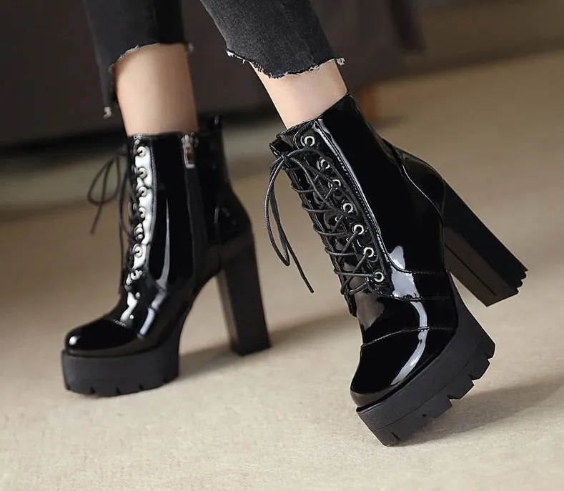 Amozae-  2024 Thick High Heeled Female Patent Leather Ankle Boots Round Toe Lace-Up Zipper Women Short Boots Gothic Women Shoes