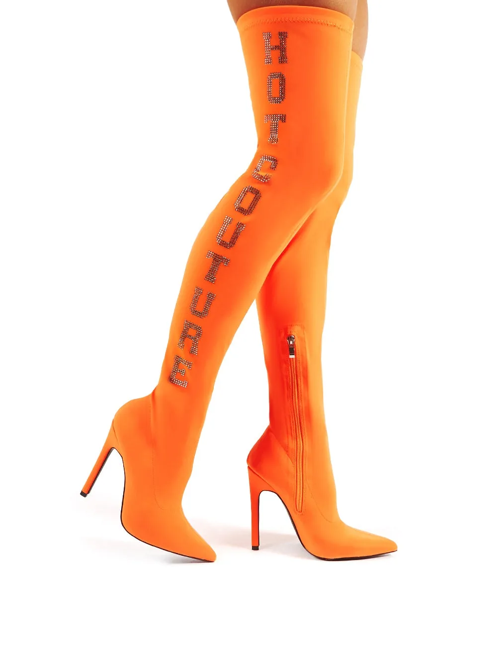 Authority Neon Orange Diamante Slogan Heeled Over the Knee Boots