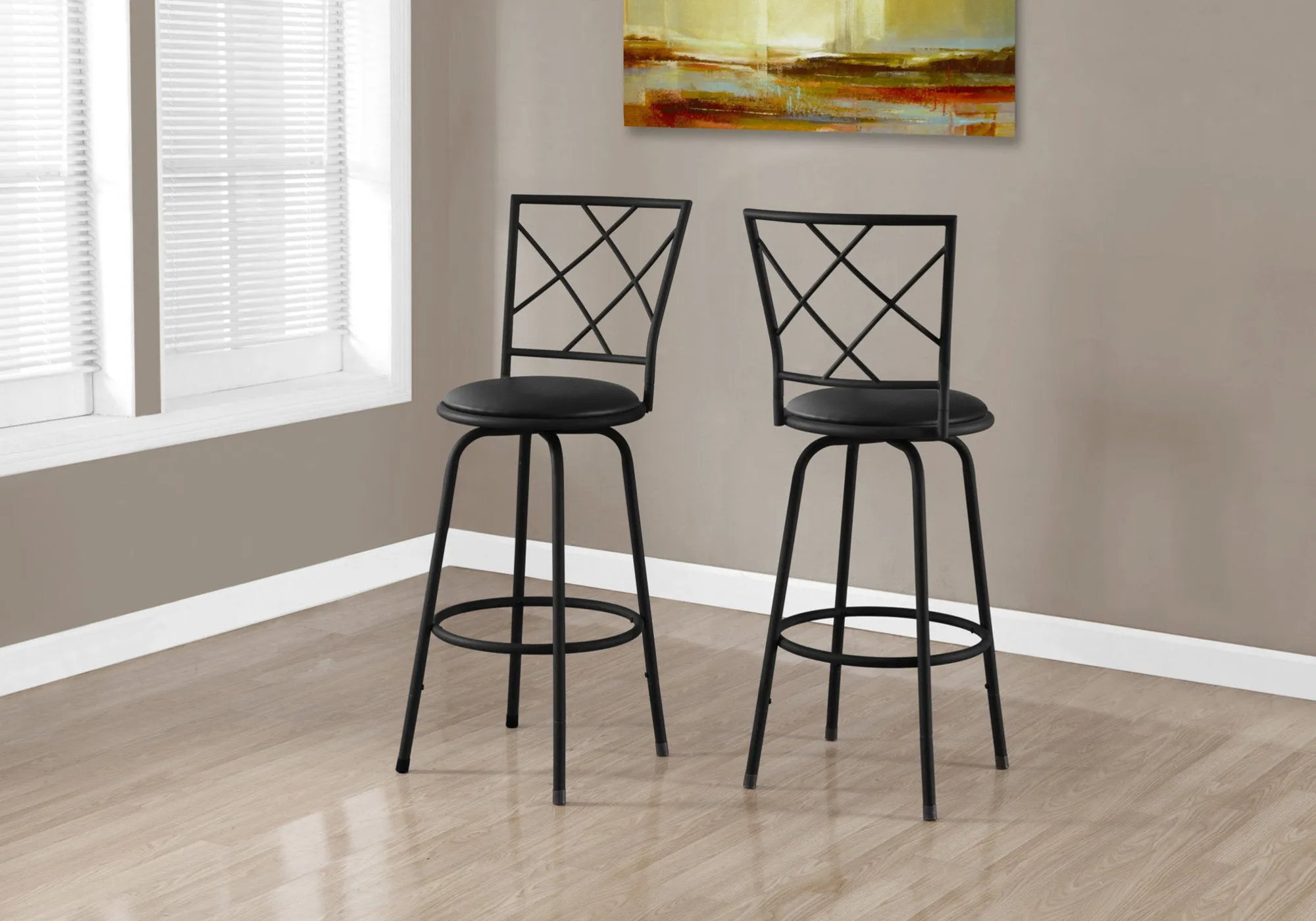 Barstool / Swivel / Black /Black Leather-Look Seat - Set of 2