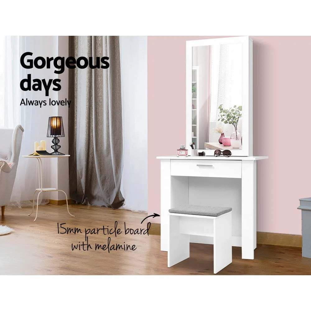 Bedroom Dressing Table with Mirror And Padded Embroidered Stool Jewellery Cabinet White