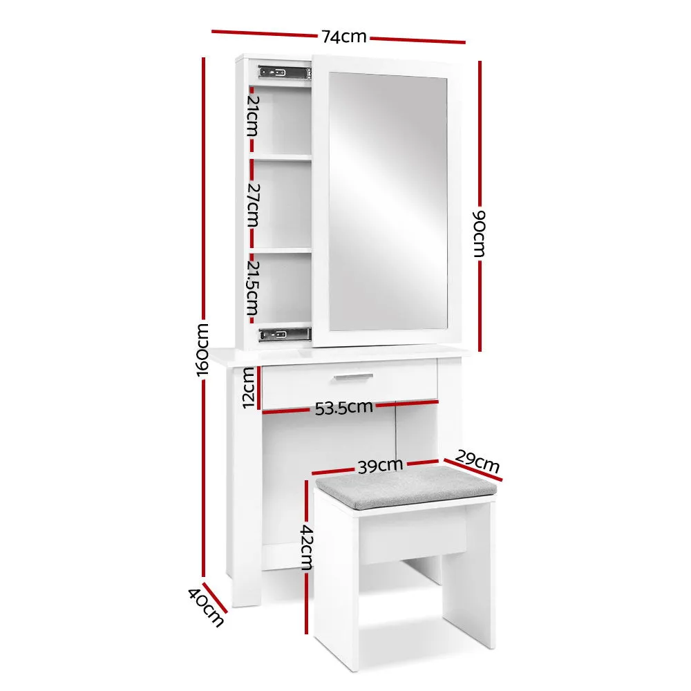 Bedroom Dressing Table with Mirror And Padded Embroidered Stool Jewellery Cabinet White