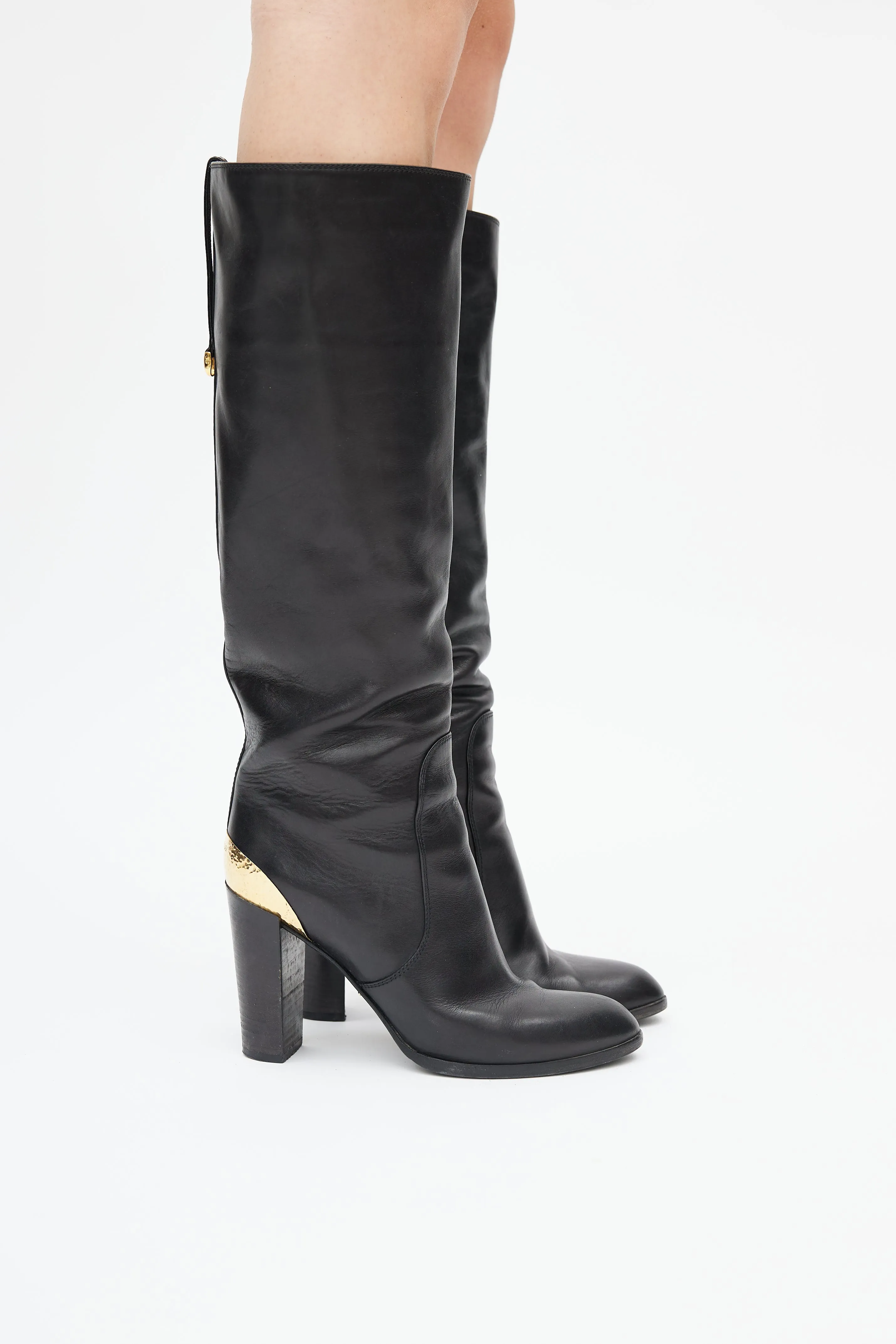 Black Leather & Gold Heeled Boot