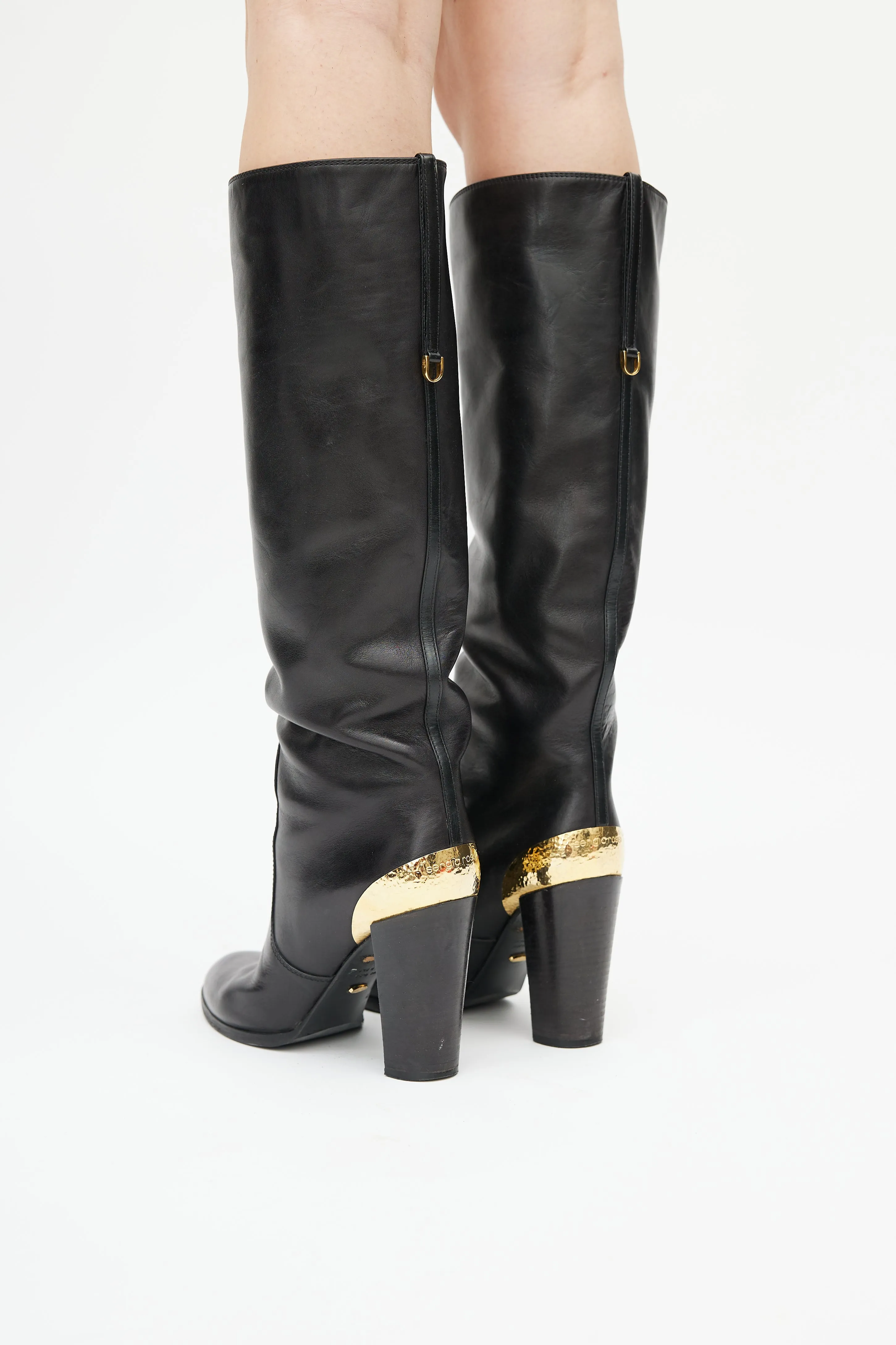 Black Leather & Gold Heeled Boot