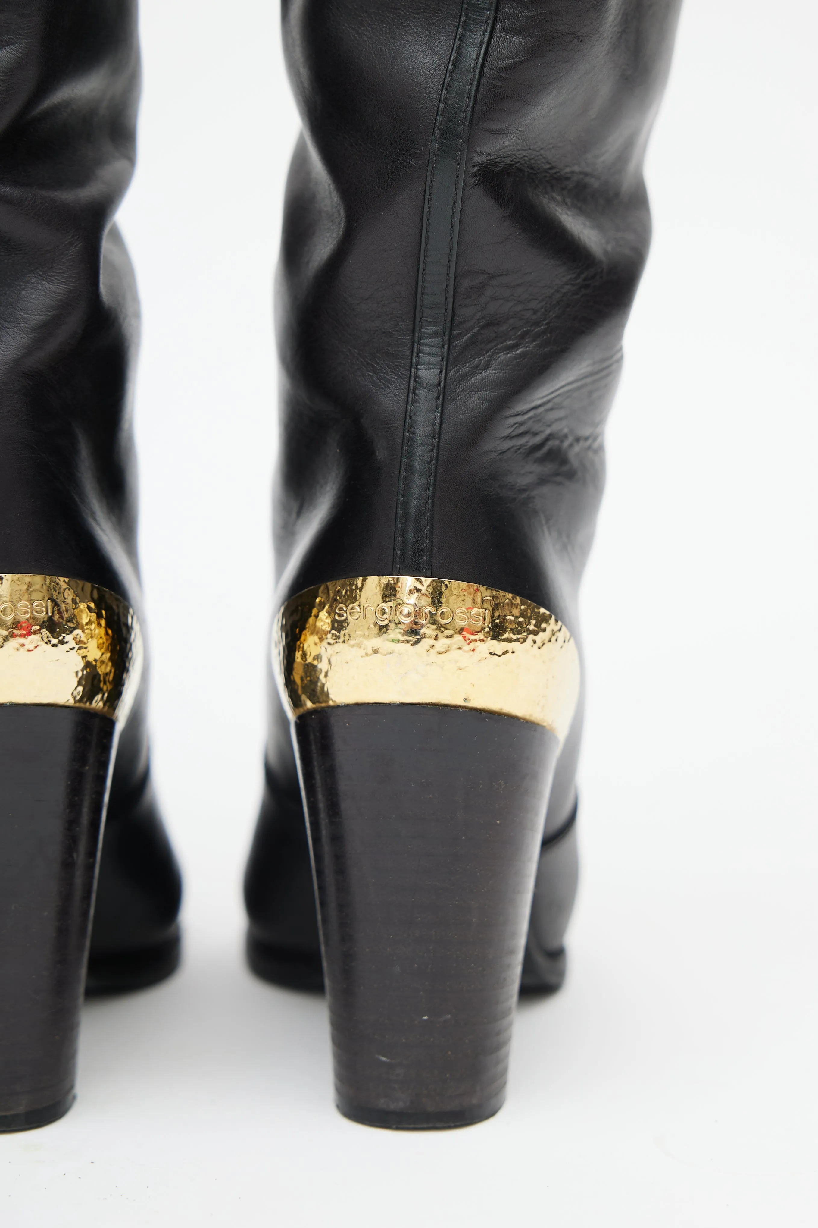 Black Leather & Gold Heeled Boot