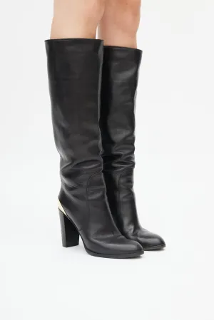 Black Leather & Gold Heeled Boot