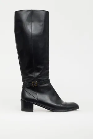 Black Leather Ankle Buckle Heeled Boot