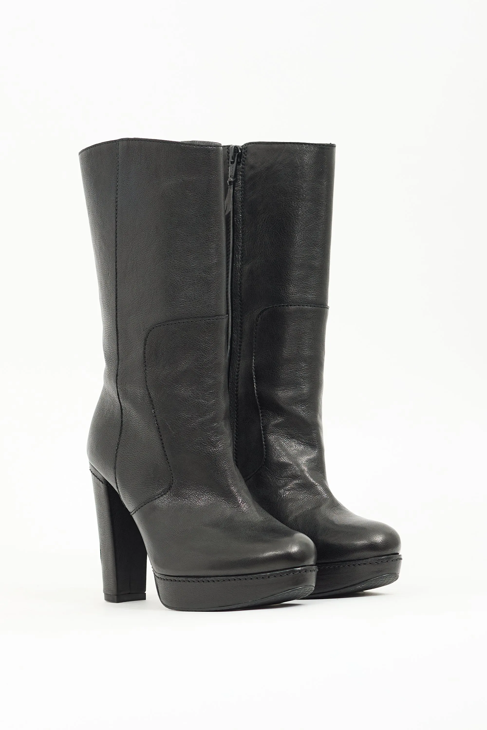 Black Leather Heeled Platform Boot