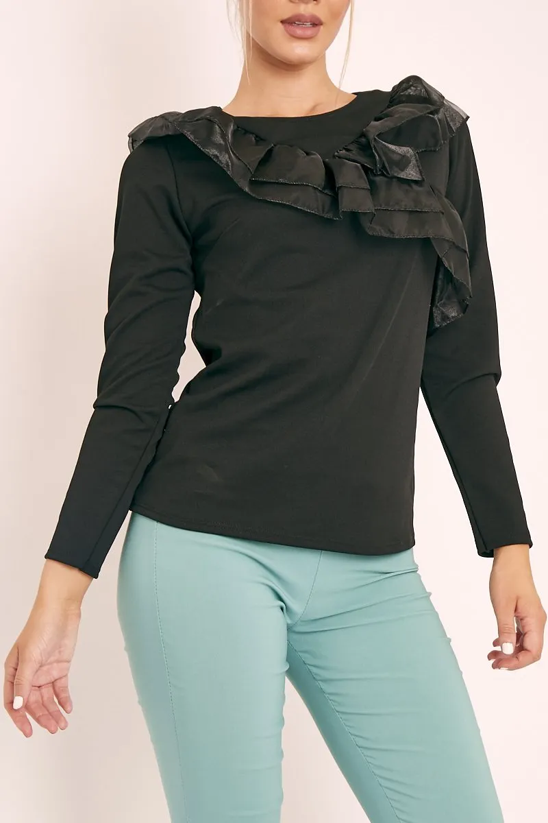 Black Mesh Ruffle Front Long Sleeve Top - Kristen