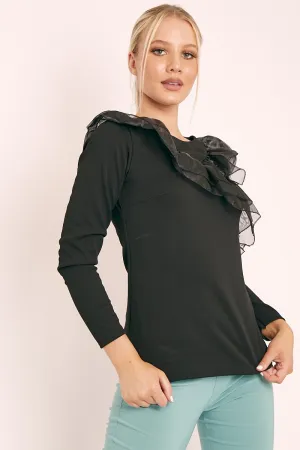 Black Mesh Ruffle Front Long Sleeve Top - Kristen