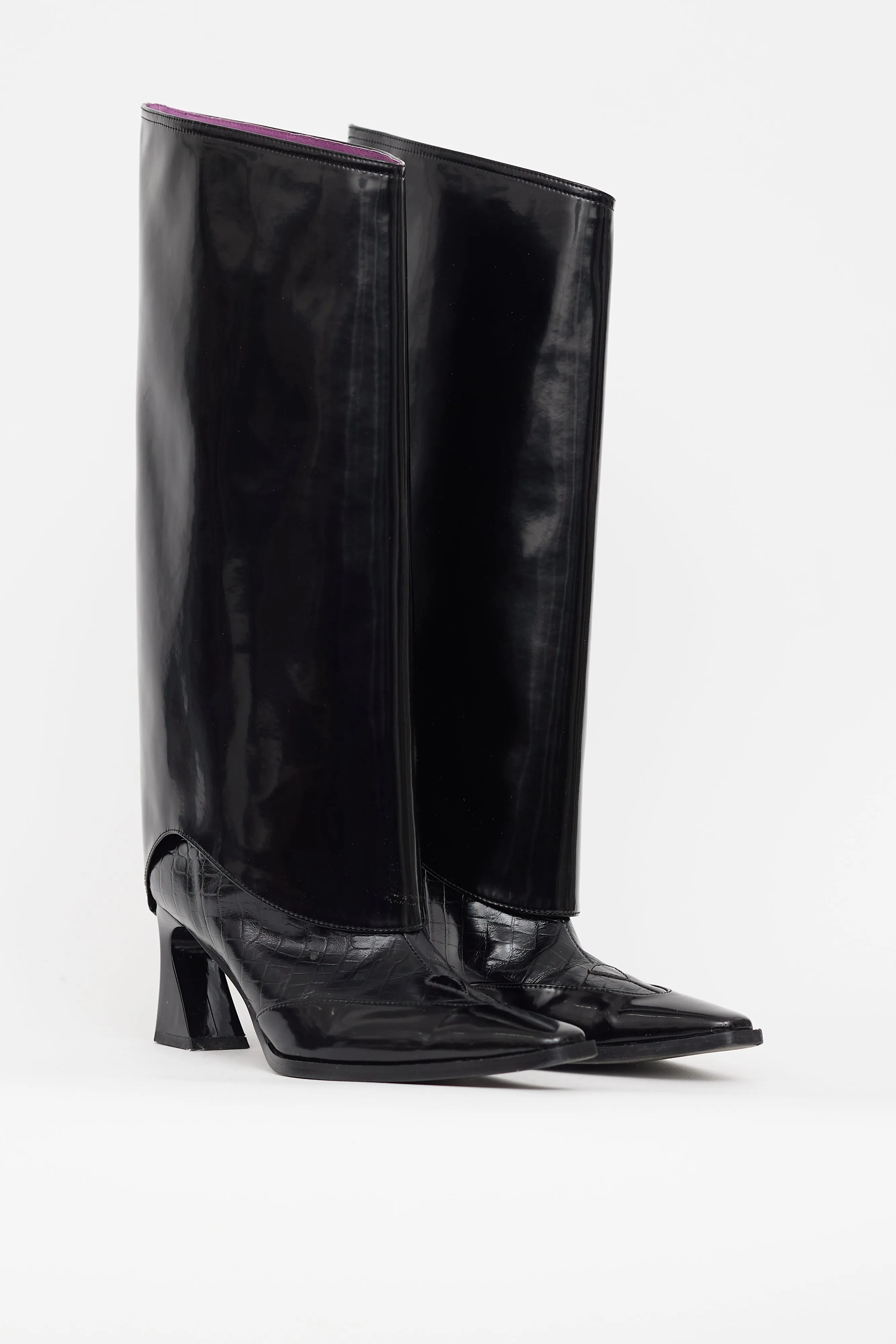 Black Patent Leather Foldover Heeled Boot