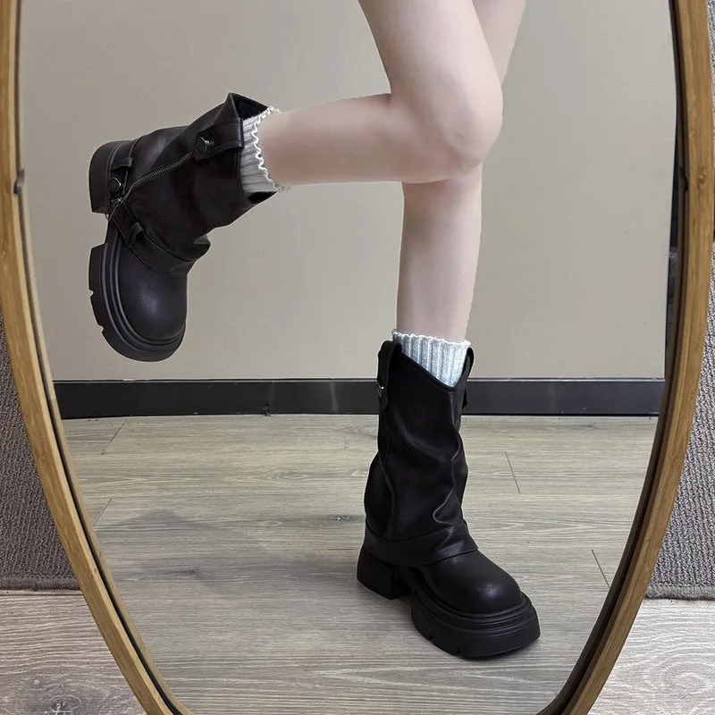 Black retro British style thick-soled height-increasing boots