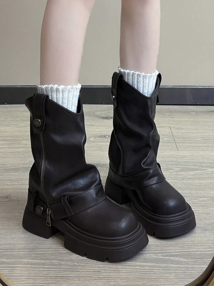 Black retro British style thick-soled height-increasing boots