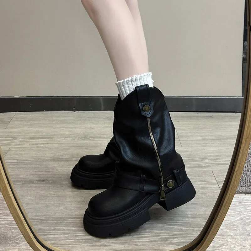 Black retro British style thick-soled height-increasing boots