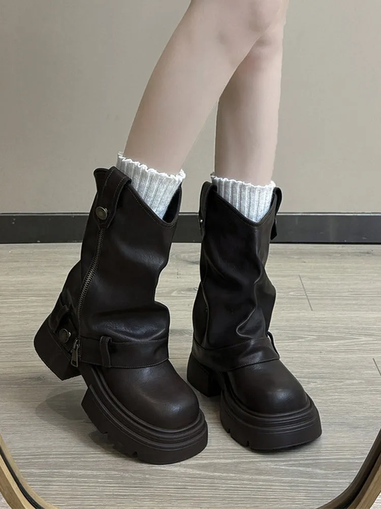 Black retro British style thick-soled height-increasing boots