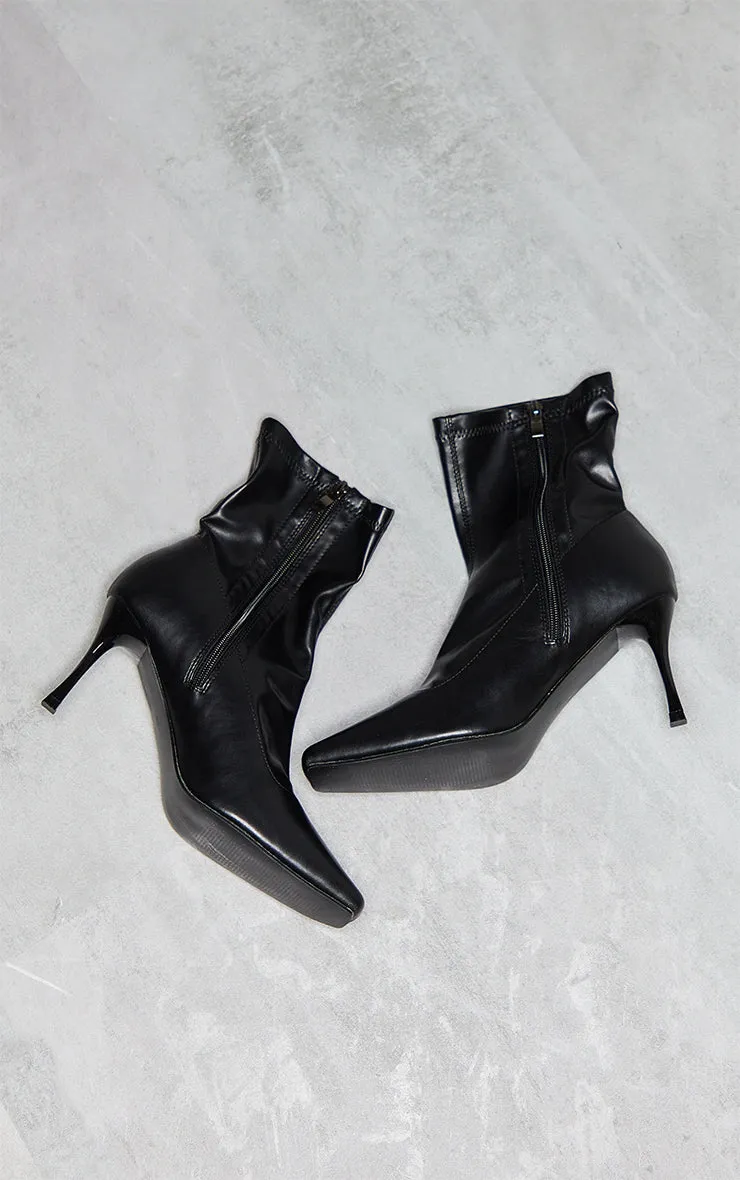 Black Wide Fit Faux Leather Square Toe Low Heeled Ankle Boots