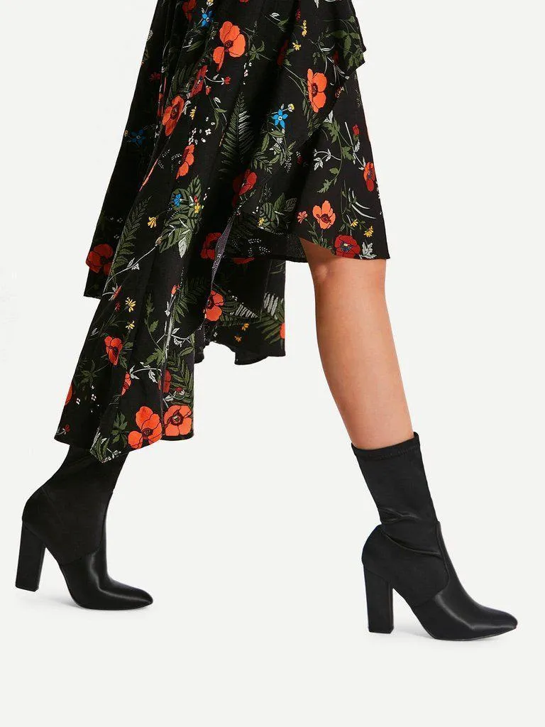 Block Heeled Pointed Toe Mid Calf Boots