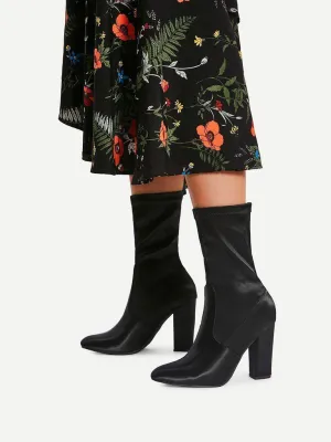 Block Heeled Pointed Toe Mid Calf Boots