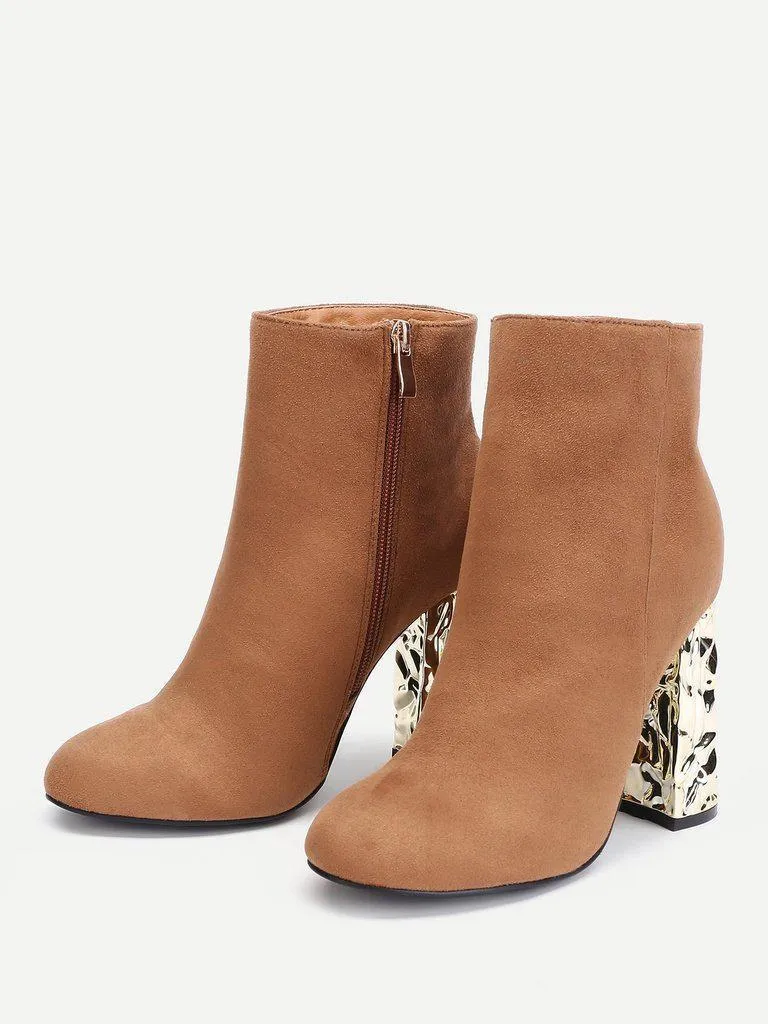 Block Heeled Side Zipper Ankle Boots