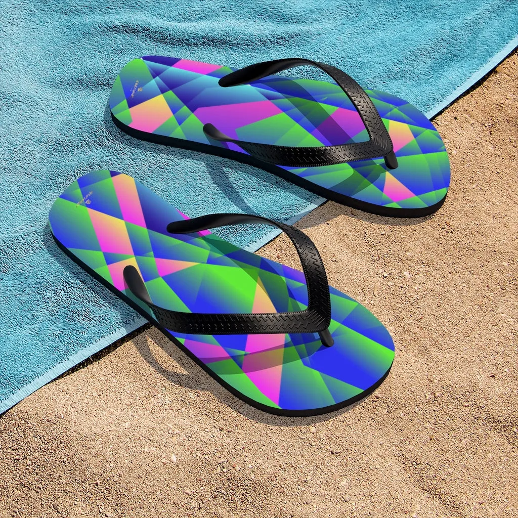 Blue Diamond Print Flip-Flops, Emerald Geometric Unisex Outdoor Sandals For Men or Women - Made in USA