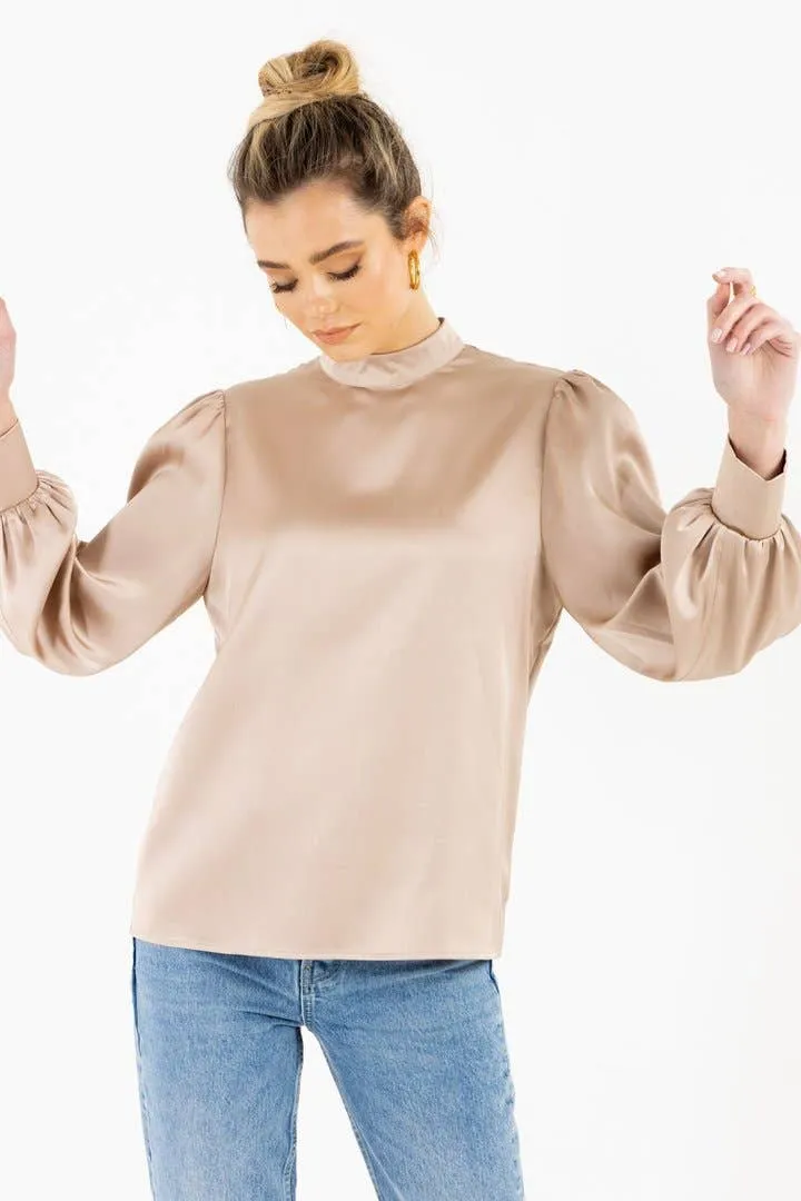 Brian Long Sleeve Satin Blouse (Dusty Pink)