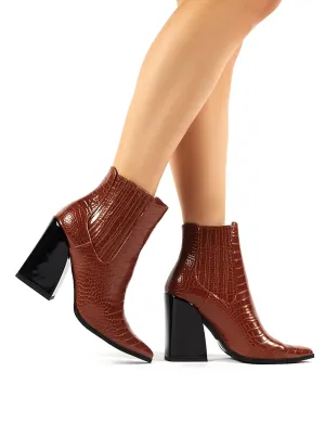 Brianna Tan Croc Block Heeled Pointed Ankle Boots