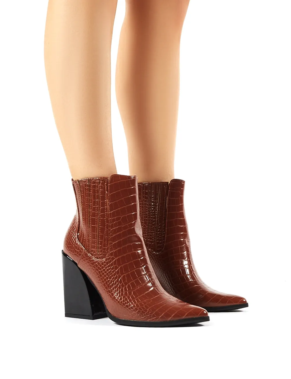 Brianna Tan Croc Block Heeled Pointed Ankle Boots