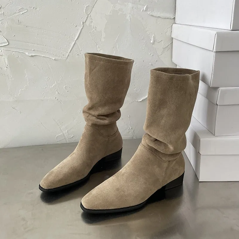 Christmas Gift Women's European And American Thick-Heeled Mid-Tube Retro Suede Matte 2022 Fashion All-Match Sleeves Pleated Pile Boots