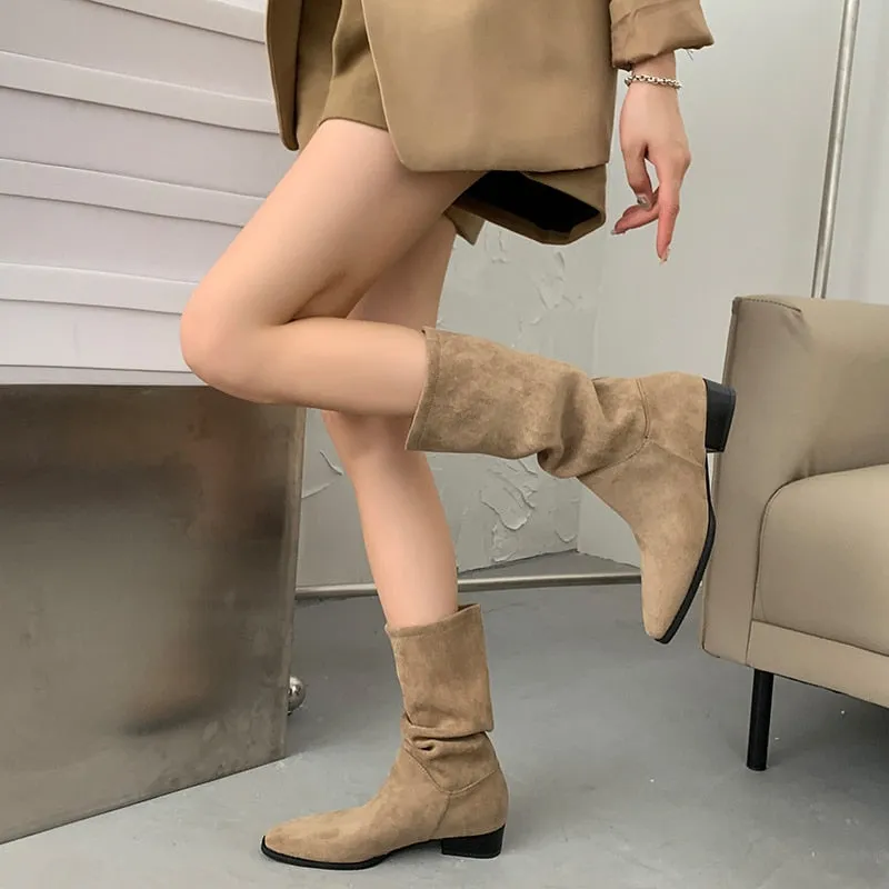 Christmas Gift Women's European And American Thick-Heeled Mid-Tube Retro Suede Matte 2022 Fashion All-Match Sleeves Pleated Pile Boots