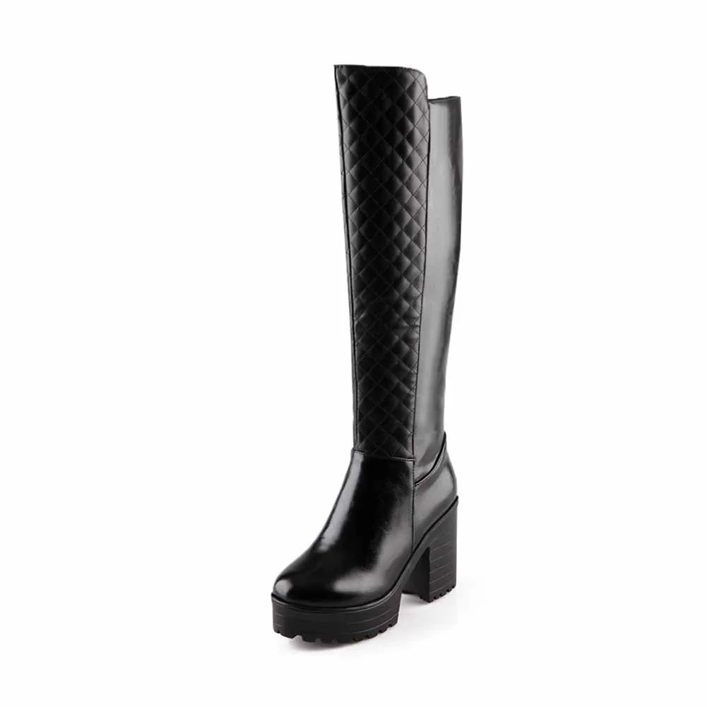 Chunky High Heeled PU Leather Boots Platform Knee High Boots