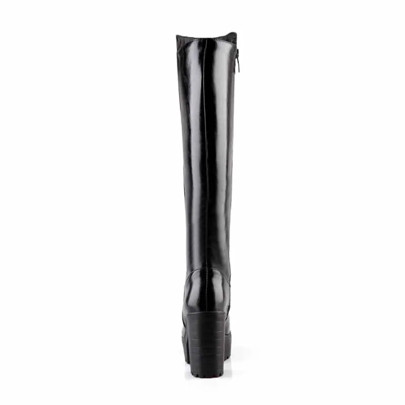 Chunky High Heeled PU Leather Boots Platform Knee High Boots