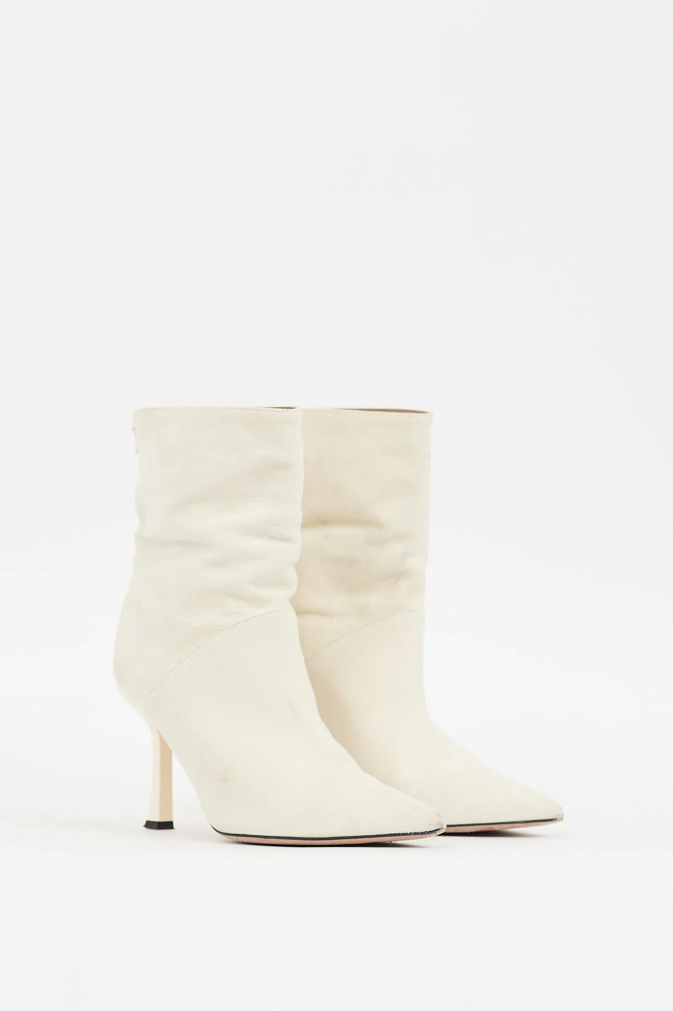 Cream Suede Pointed Toe Heeled Boot