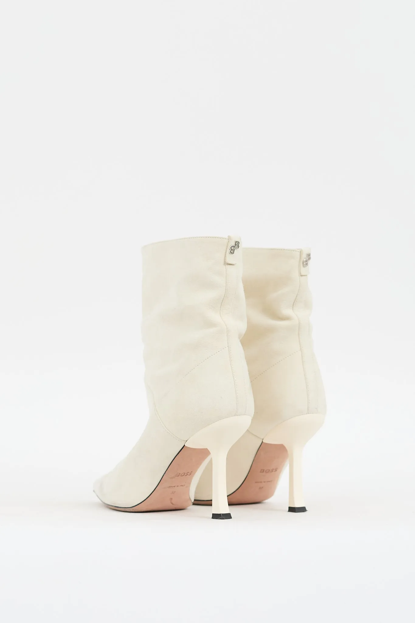 Cream Suede Pointed Toe Heeled Boot