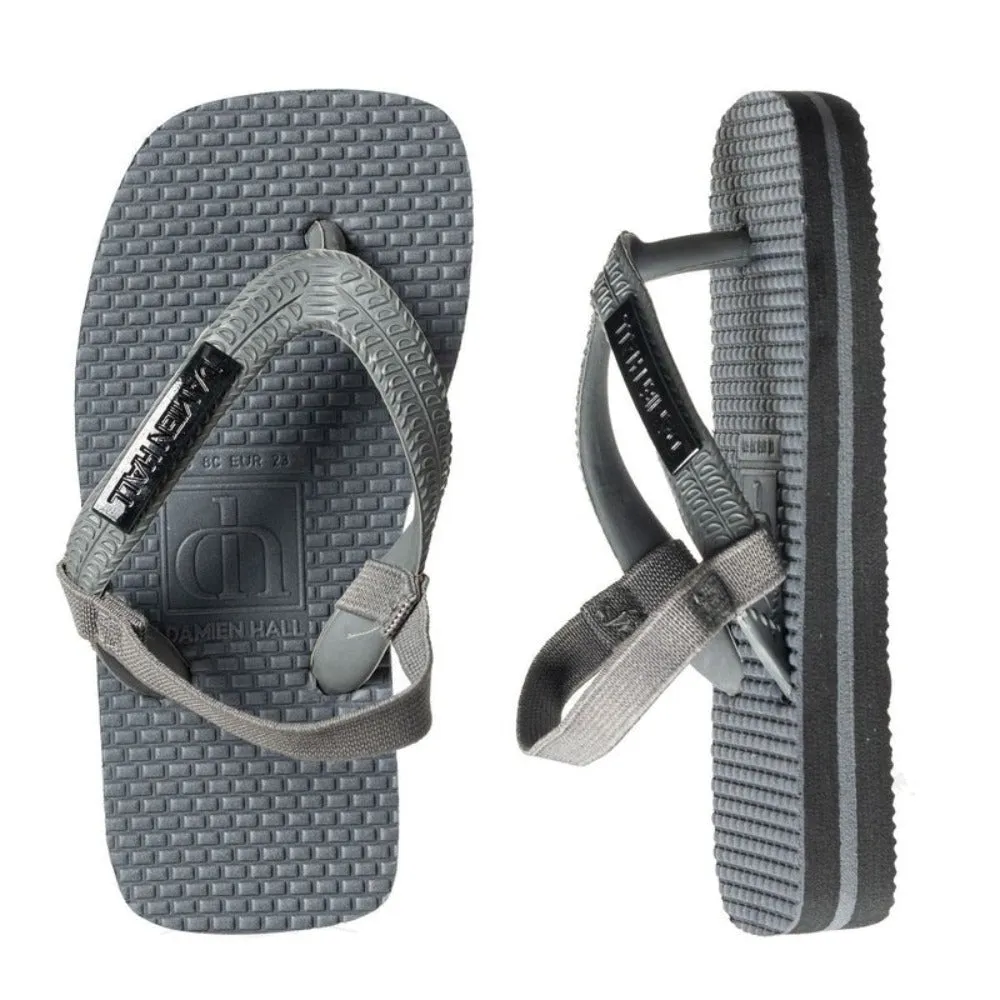 Damien Hall Boutique Kids Charcoal Grey Thongs Gun Metal Black Badge With Straps