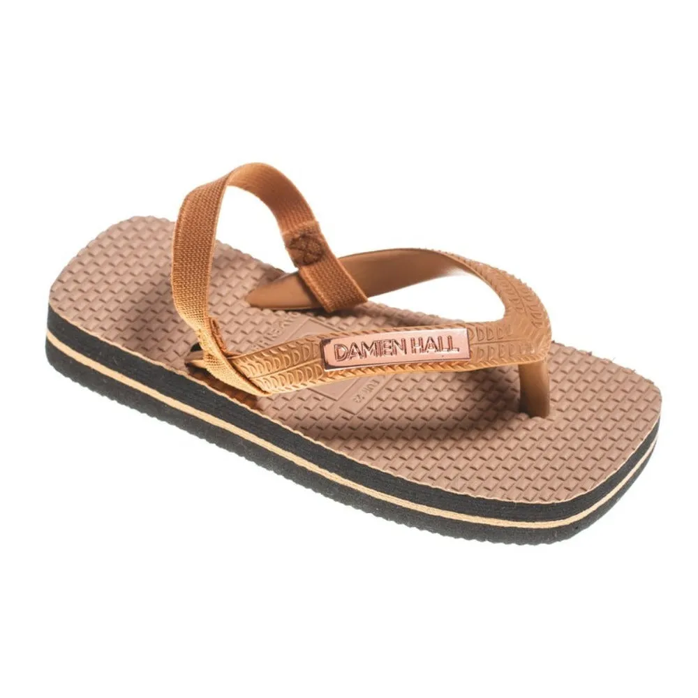 Damien Hall Boutique Kids Tan Thongs Rose Gold Badge With Straps