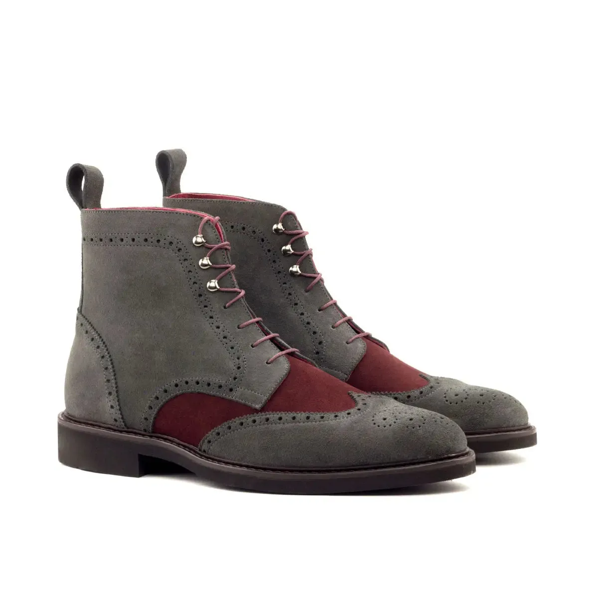 DapperFam Valiant in Grey / Burgundy Men's Lux Suede Military Brogue