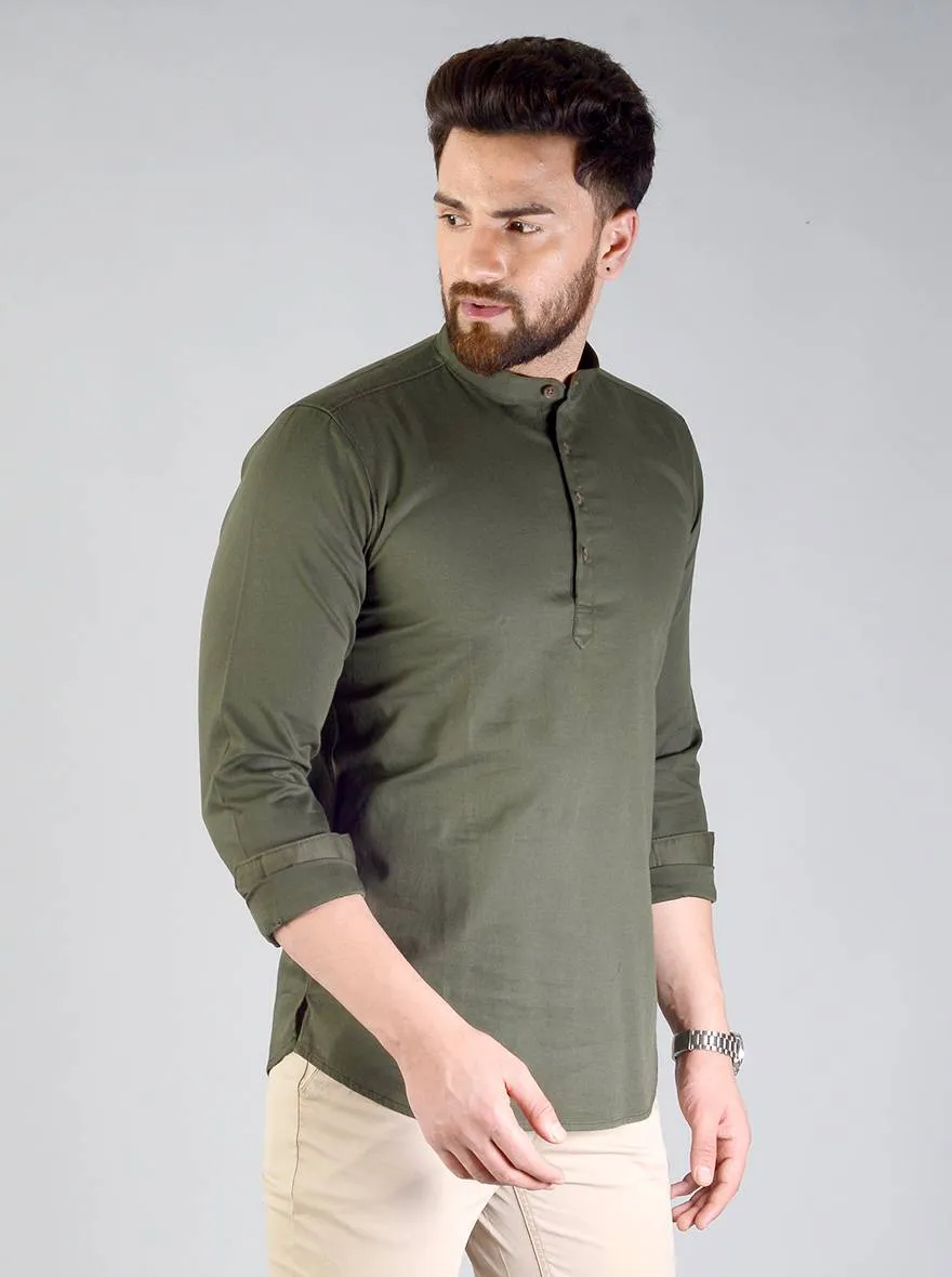 Dark Olive Green Solid Slim Fit Short Kurta | JadeBlue