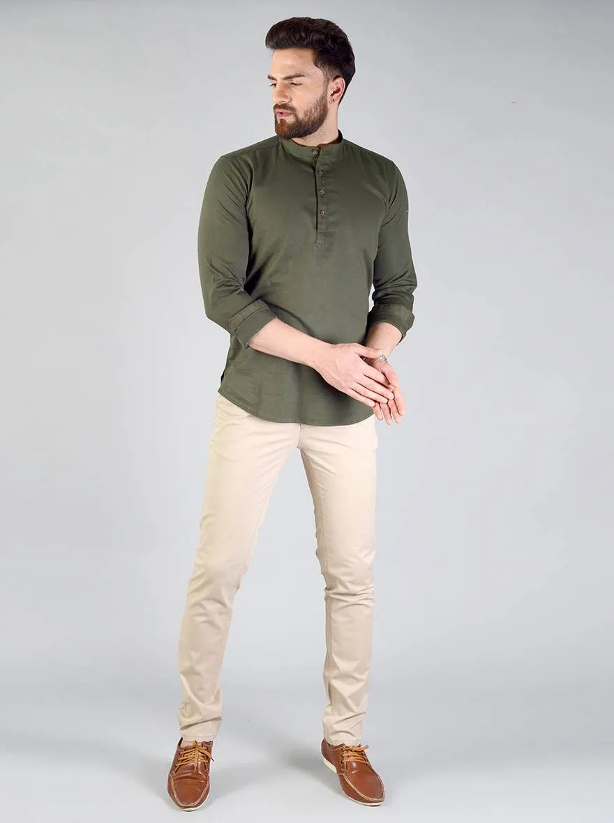 Dark Olive Green Solid Slim Fit Short Kurta | JadeBlue