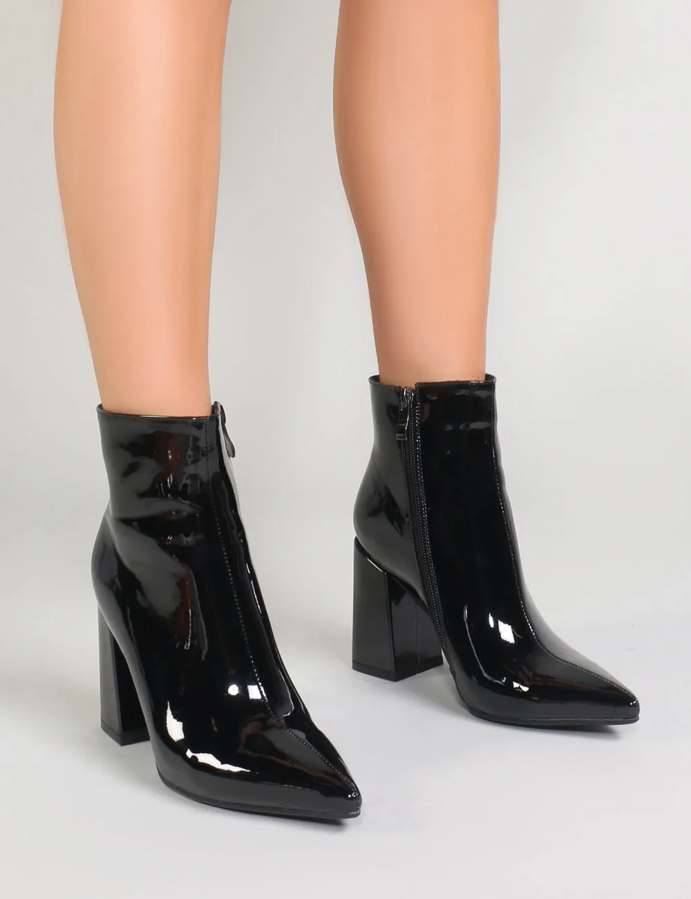 Empire Pointed Toe Ankle Boots in Black Patent