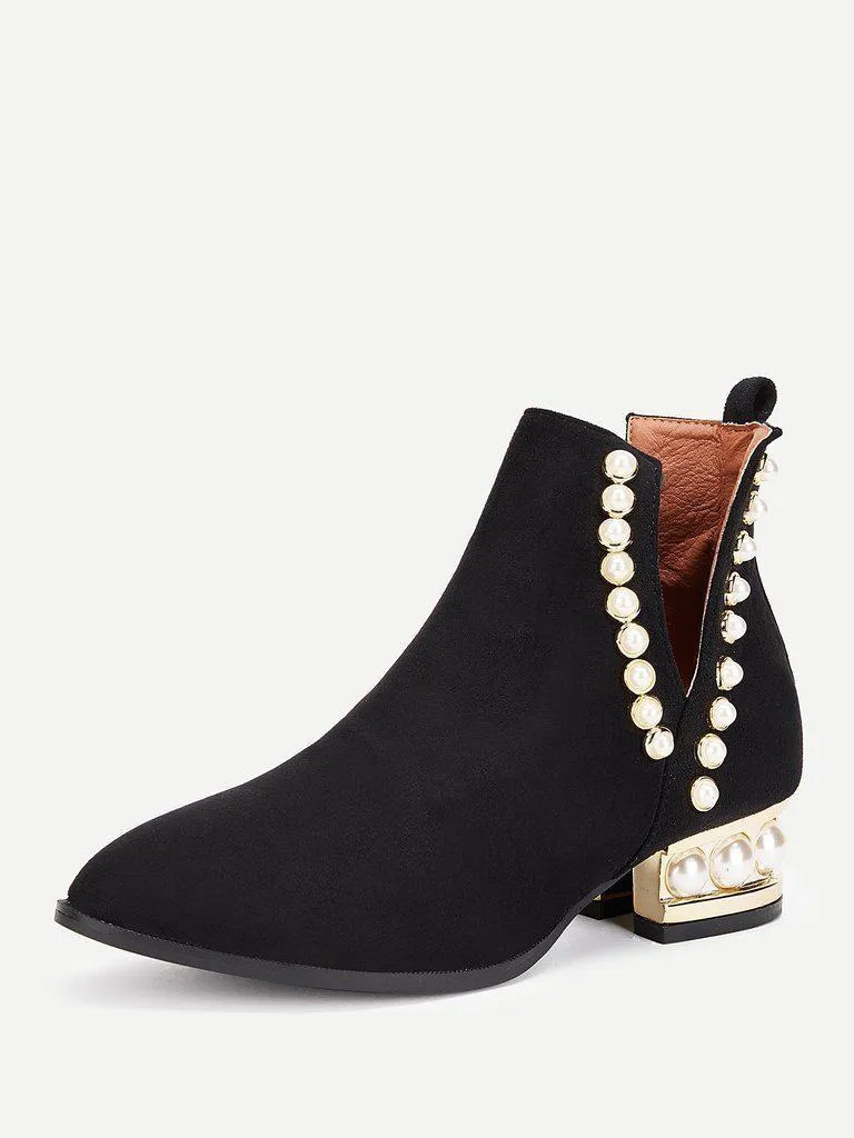 Faux Pearl Block Heeled Ankle Boots