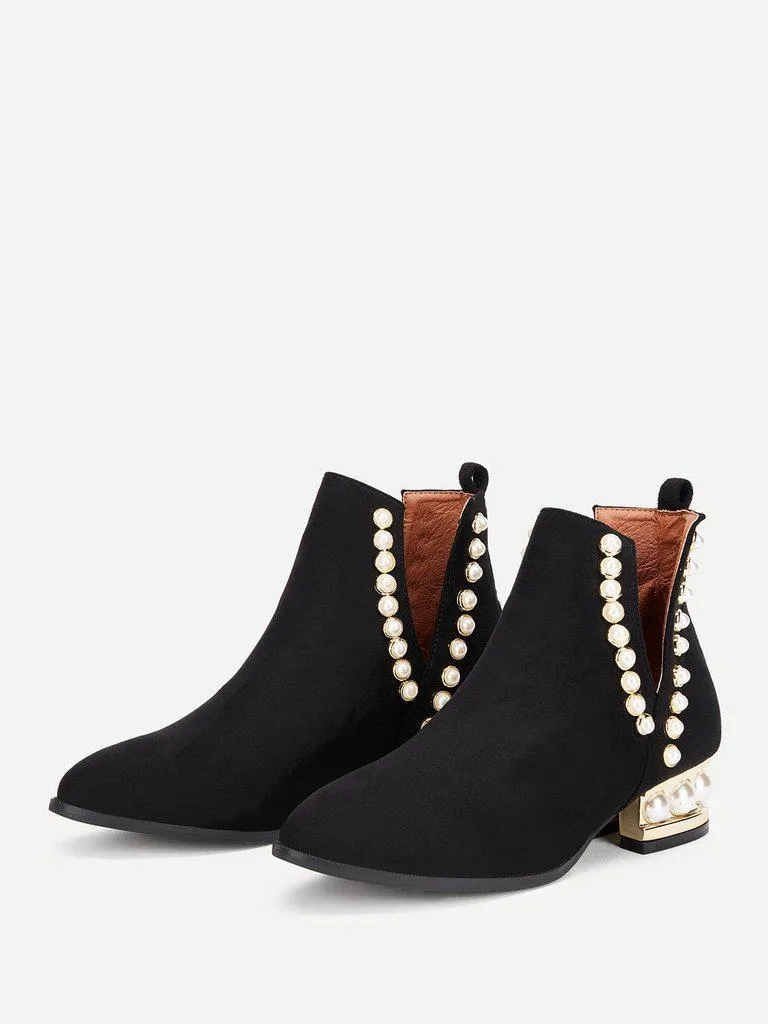 Faux Pearl Block Heeled Ankle Boots