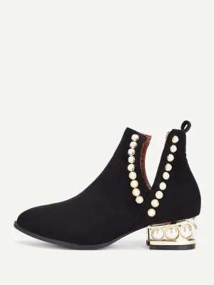 Faux Pearl Block Heeled Ankle Boots