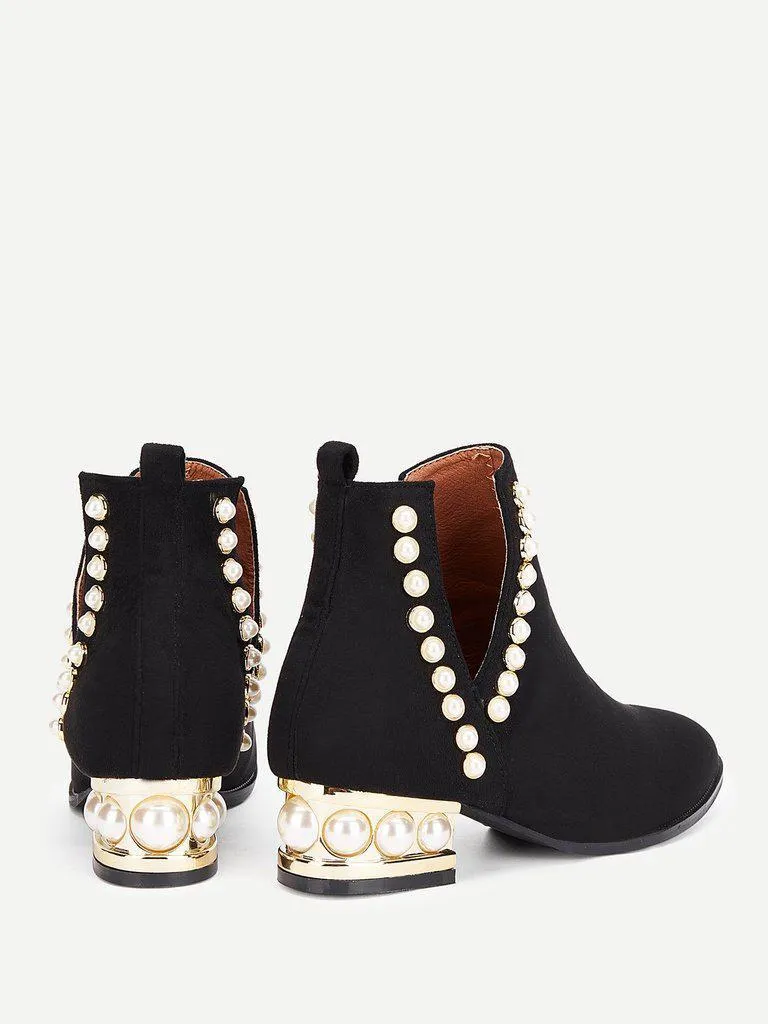 Faux Pearl Block Heeled Ankle Boots