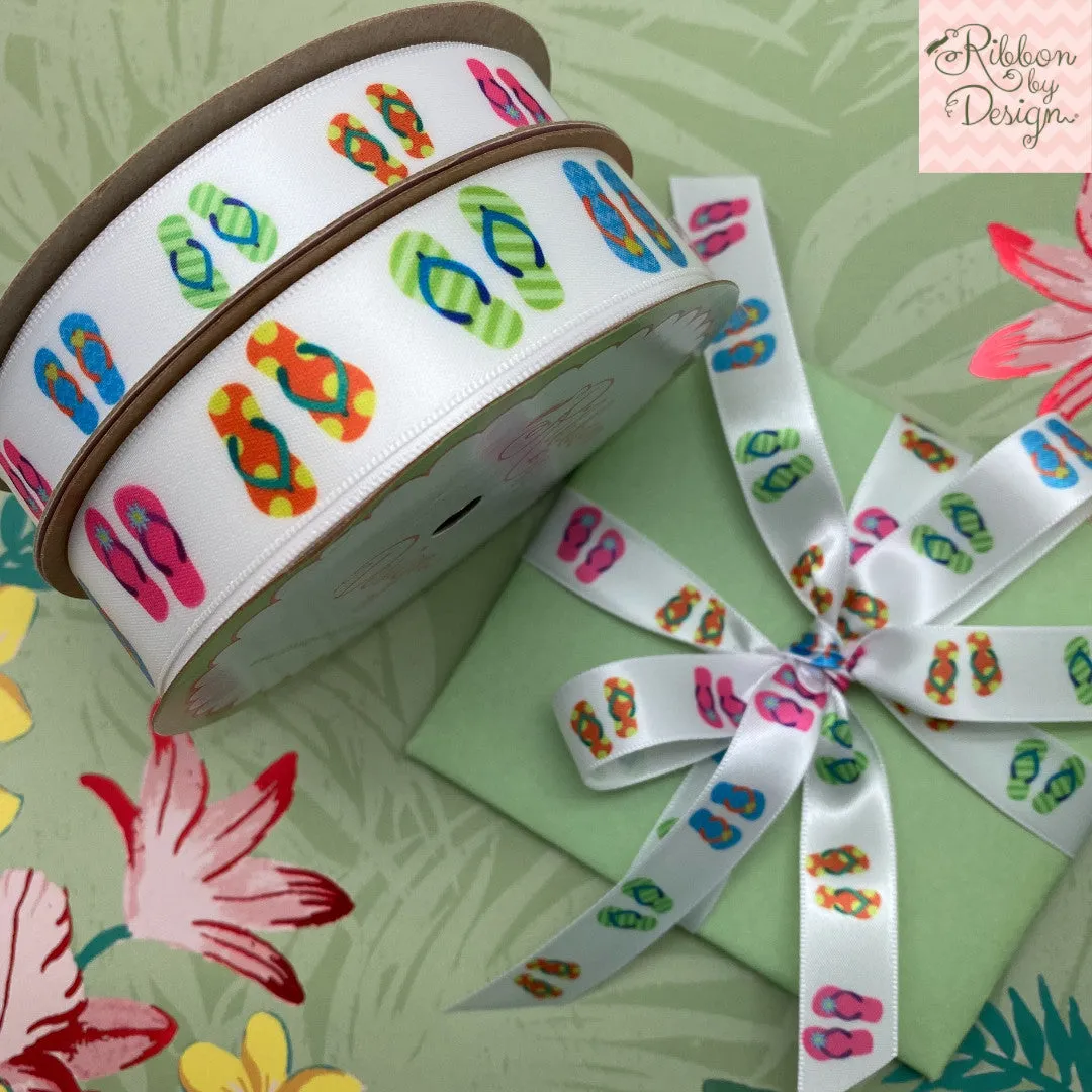 Flip Flops Ribbon on White 7/8" Single Face Satin Ribbon